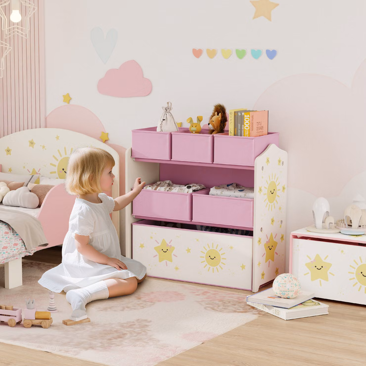 AIYAPLAY 3-Tier Kids Toy Storage Organiser Shelf with 6 Removable Boxes, Pink – 2