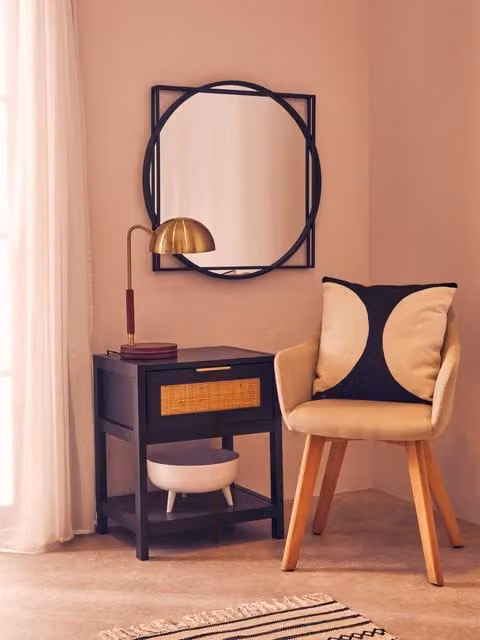 Orsina Rustic Black Wood Side Table with Rattan Detail, W/D/H: 60.0 x 50.0 x 50.0 cm