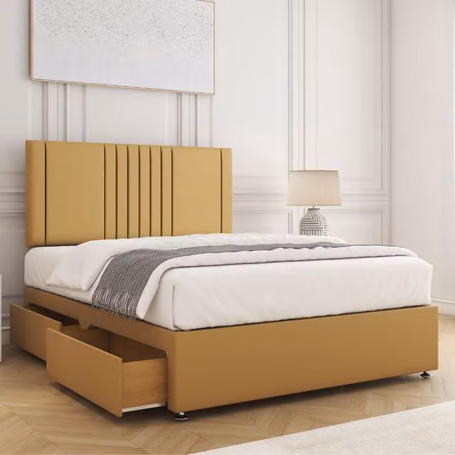 BSSPOKE Monaco Velvet Divan Bed Set with 24 inch Headboard, 2 Drawers, Footend and Mattress in Mustard Yellow, Super King, W/D/H: 200 x 200 cm