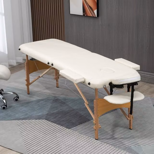 HOMCOM Wooden Folding Spa Beauty Massage Table with 2 Sections and Carry Bag in Beige – 1