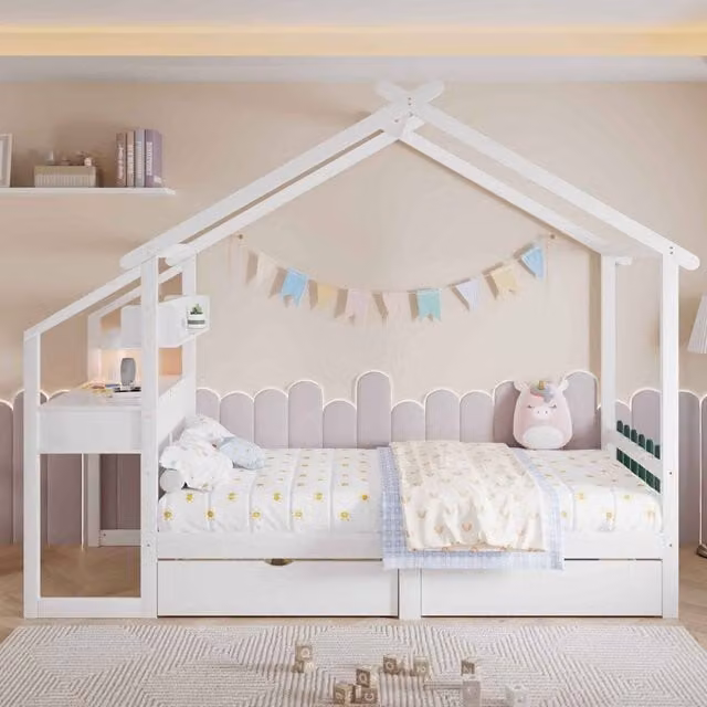 Merax White Wooden Childrens House Bed with Desk and Drawers, W/D/H: 197 x 90 x 120 cm