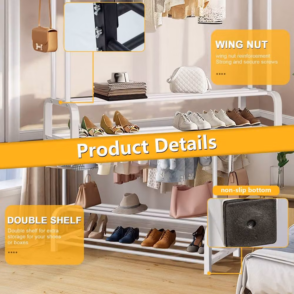 Dprodo Metal Freestanding Garment Rack in White with Dual Hook and Rail Matrix, H 145 x W 110 x D 33 cm – 2