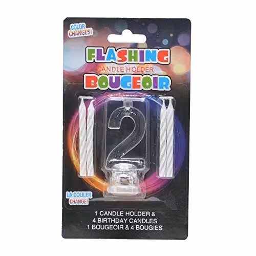 Shatchi Number 2 LED Colour Changing Flashing Birthday Candle Holder with 4 Wax Cake Candles in Multicolour