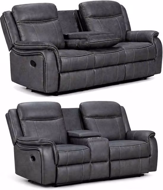 Furnishings For Less UK Tara 2 Piece Reclining Sofa Suite in Grey Leather Look Fabric, 3 + 2 Seater – 1