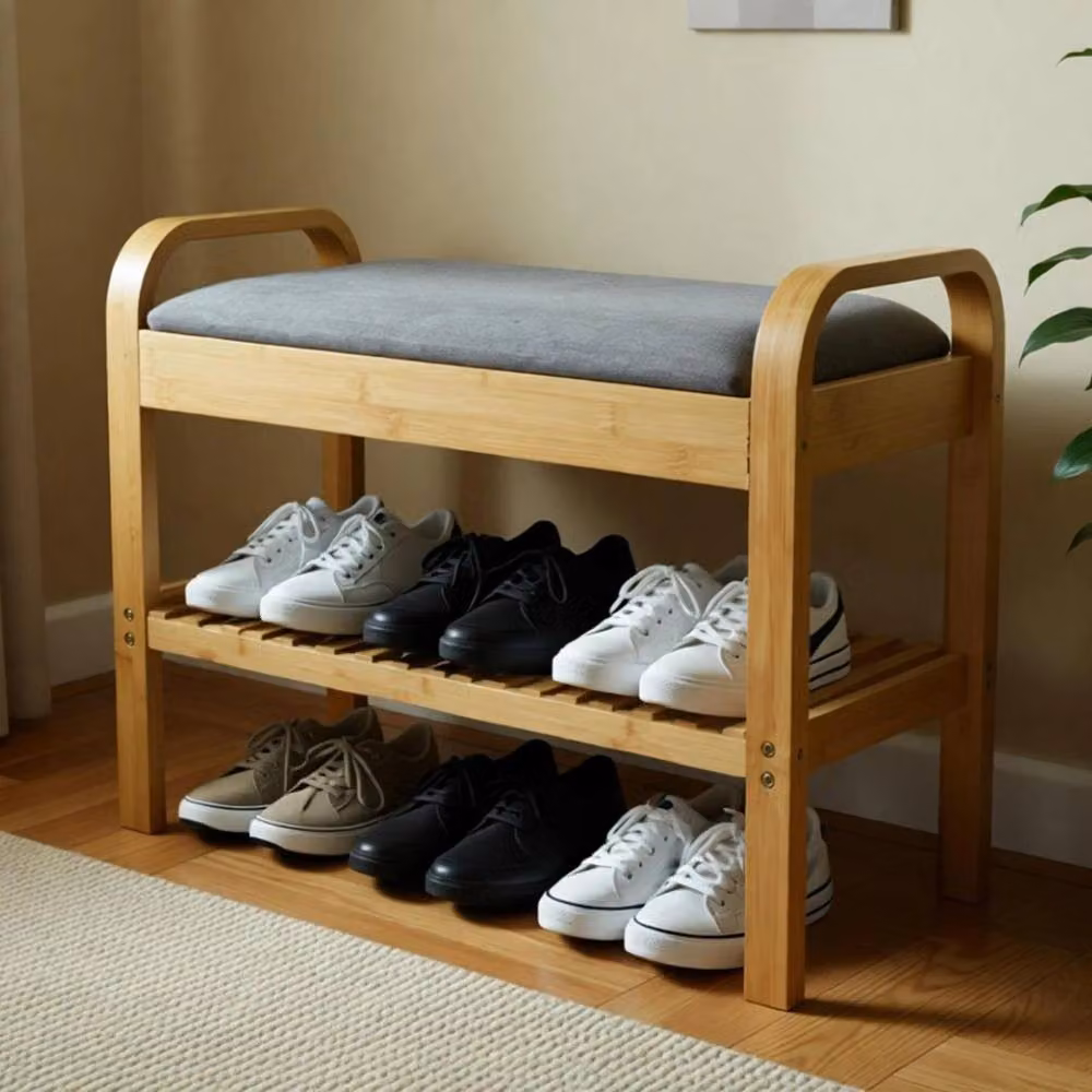 Havendro 2-Tier Bamboo Shoe Bench with Grey Fabric Cushion Storage – 3