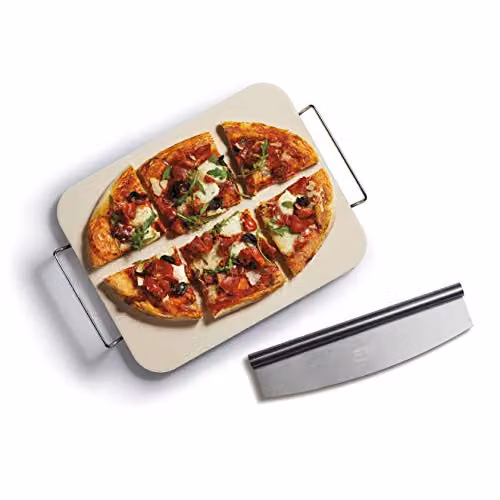 KitchenCraft World of Flavours Rectangular Ceramic Pizza Stone and Rocking Pizza Cutter Set, 2 Pieces, Beige and White