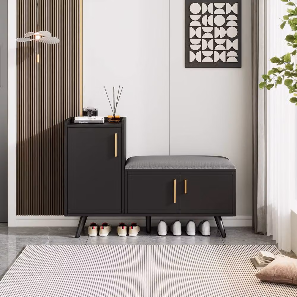 Merax Modern Shoe Bench Storage Cabinet with Padded Fabric Seating Cushion in Black, W/D/H: 100 x 34 x 69 cm – 3