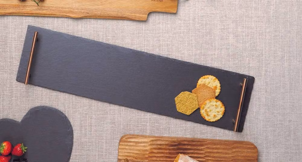 Artesa Set of 2 Grey Slate Rectangular Appetiser Serving Platters with Metal Handles – 5