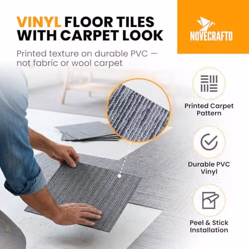 Novecrafto Self-Adhesive Vinyl Floor Tiles, Carpet Effect, Grey, 30 x 30 cm, Pack of 30 – 2