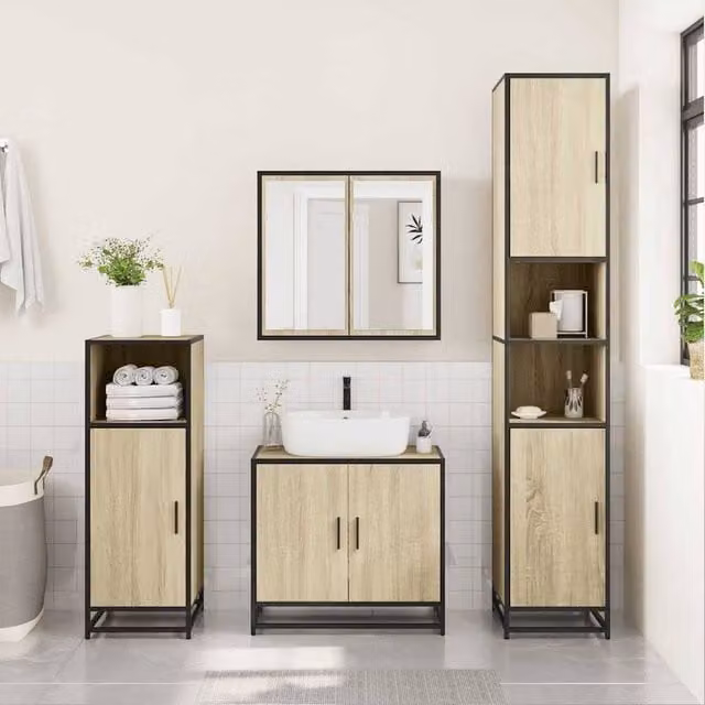 Berkfield Home 3 Piece Industrial Bathroom Furniture Set in Beige with Mirror Cabinet, Vanity Unit and Tall Cabinet – 1