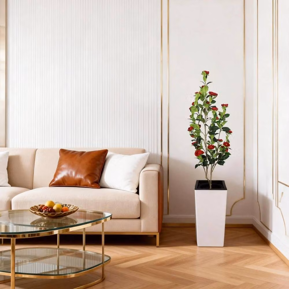 VOGREX 5ft Artificial Camellia Tree in Pot, Multicolour Red and Green Floral Freestanding Tree, Height: 152.4 cm – 3