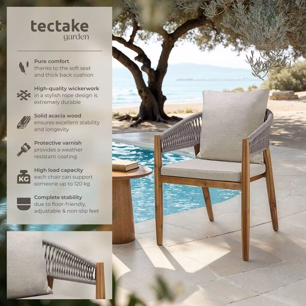 tectake Manacor Garden Chair Set for 6 People in Beige with Acacia Wood and Cushions – 2