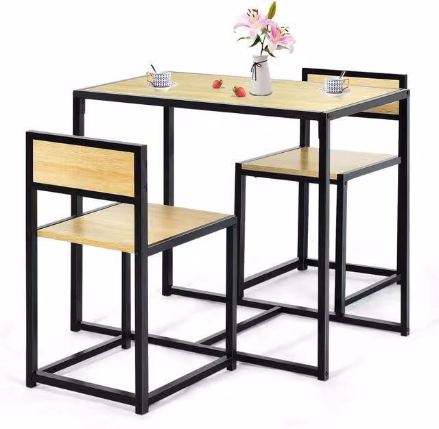 COSTWAY 3 Piece Industrial Dining Set with Square Table and Chairs in Beige, Brown and Black