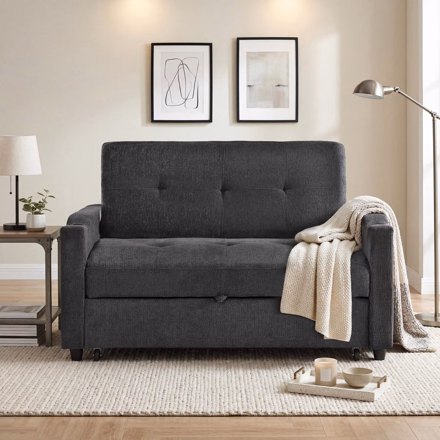 Aosom UK Convertible Sofa Bed with Adjustable Backrest, USB and Type-C Charging, Cup Holder and Pull-out Drawer, Dark Grey, W/D/H: 173 x 135 x 58 cm – 4
