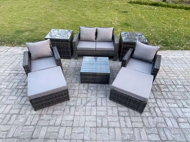 Fimous 6 Seater Rattan Wicker Garden Furniture Set in Dark Grey with Square Coffee Table, 2 Seater Sofa and Armchairs