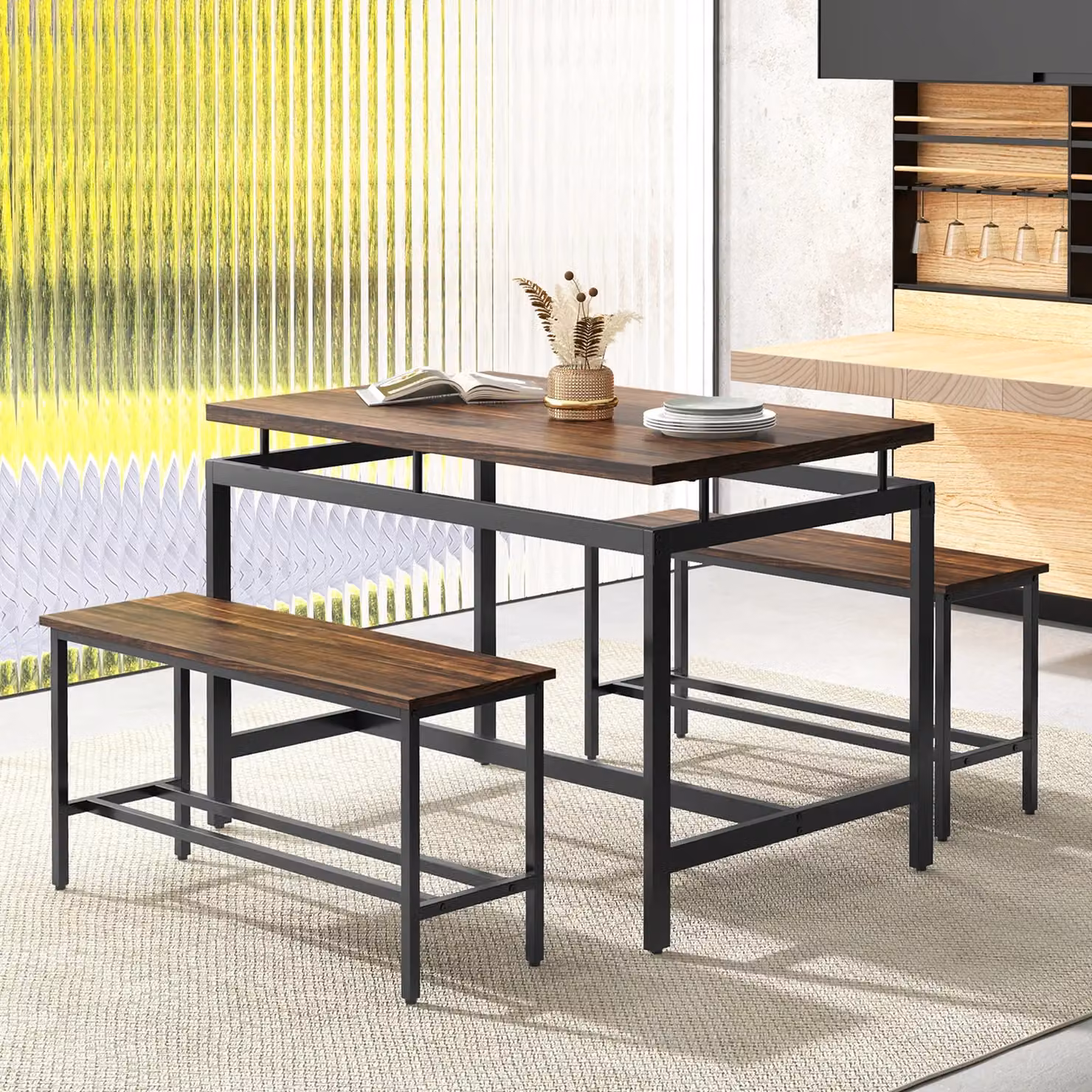 Costway 3 Piece Wooden Kitchen Dining Table Set with 2 Benches in Brown and Black – 4