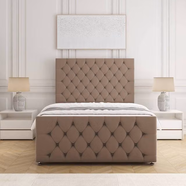BSSPOKE Maya Plush Small Double Divan Bed with Chesterfield Headboard and Footboard in Bronze Velvet Fabric, W/D/H: 120 x 200 cm