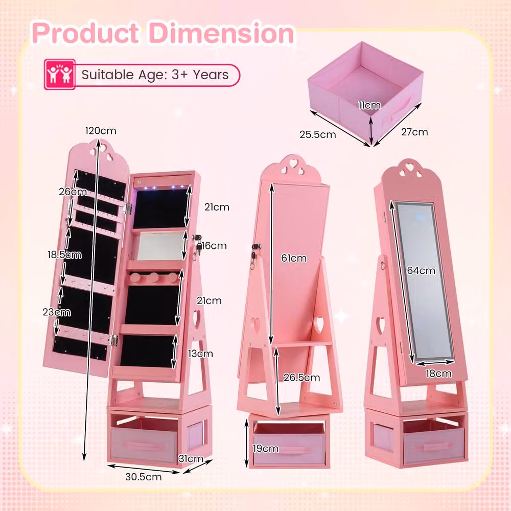 Costway Kids Pink Jewelry Armoire Cabinet with 360 Degree Swivel, LED Lighting and Mirror – 2
