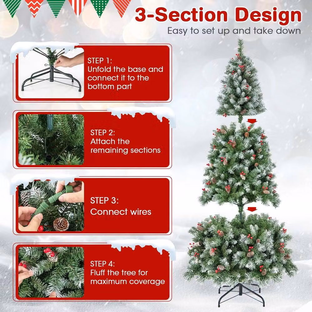 Costway 6.5ft Artificial Hinged Christmas Tree with 909 PVC Branch Tips in Green – 9
