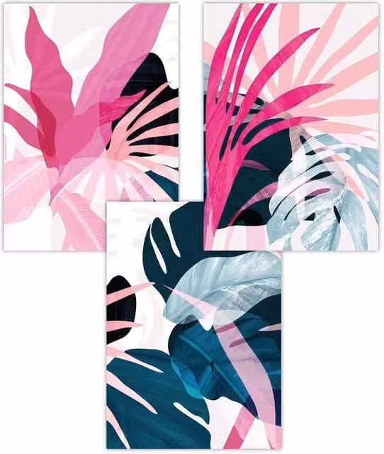 ARTZE Set of 3 Abstract Pink and Blue Tropical Botanical Paper Posters, W: 59 cm, H: 84 cm