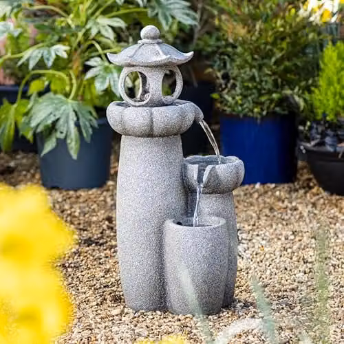 Garden Gear Serenity Cascading Pagoda Water Feature in Grey, Polyresin Outdoor Zen Garden Fountain with LED Lights, Height: 66 cm – 6
