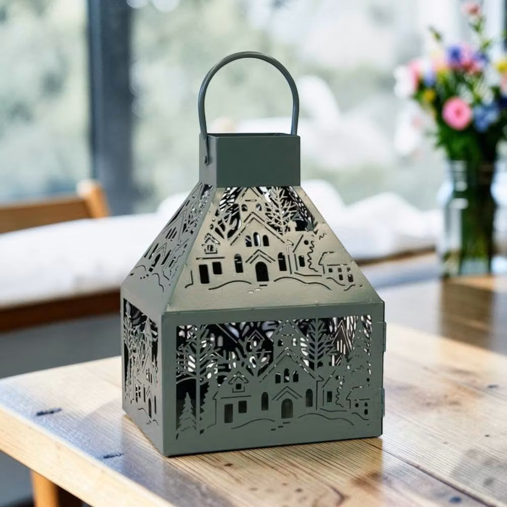 Four Candle Dark Sage Green Metal Christmas Village Scene Tabletop Lantern, H 25 cm – 2