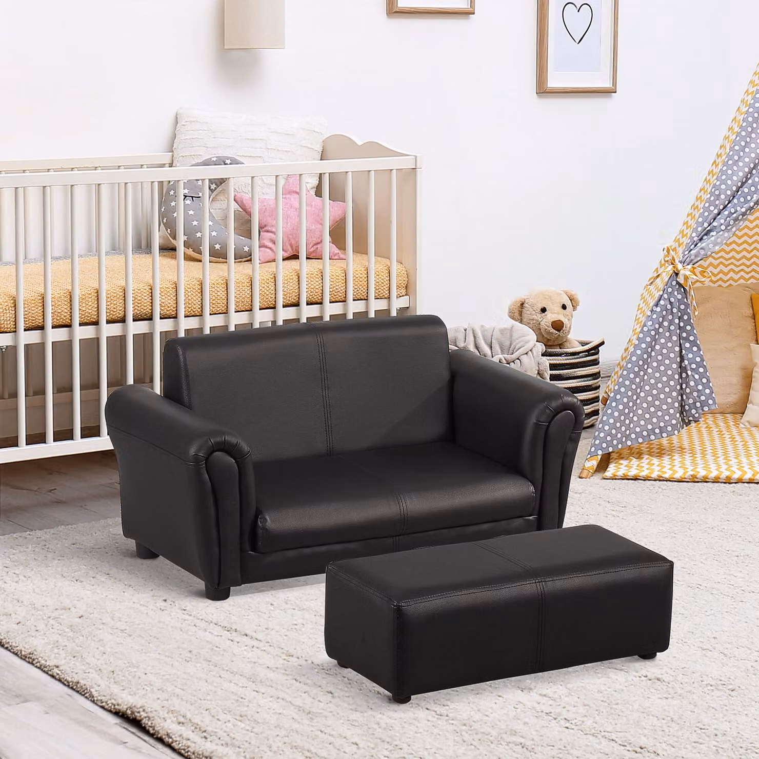 HOMCOM 2 Seater Toddler Sofa with Matching Ottoman, Black Synthetic Leather Upholstered Kids Double Armchair with Solid Wood Frame – 2