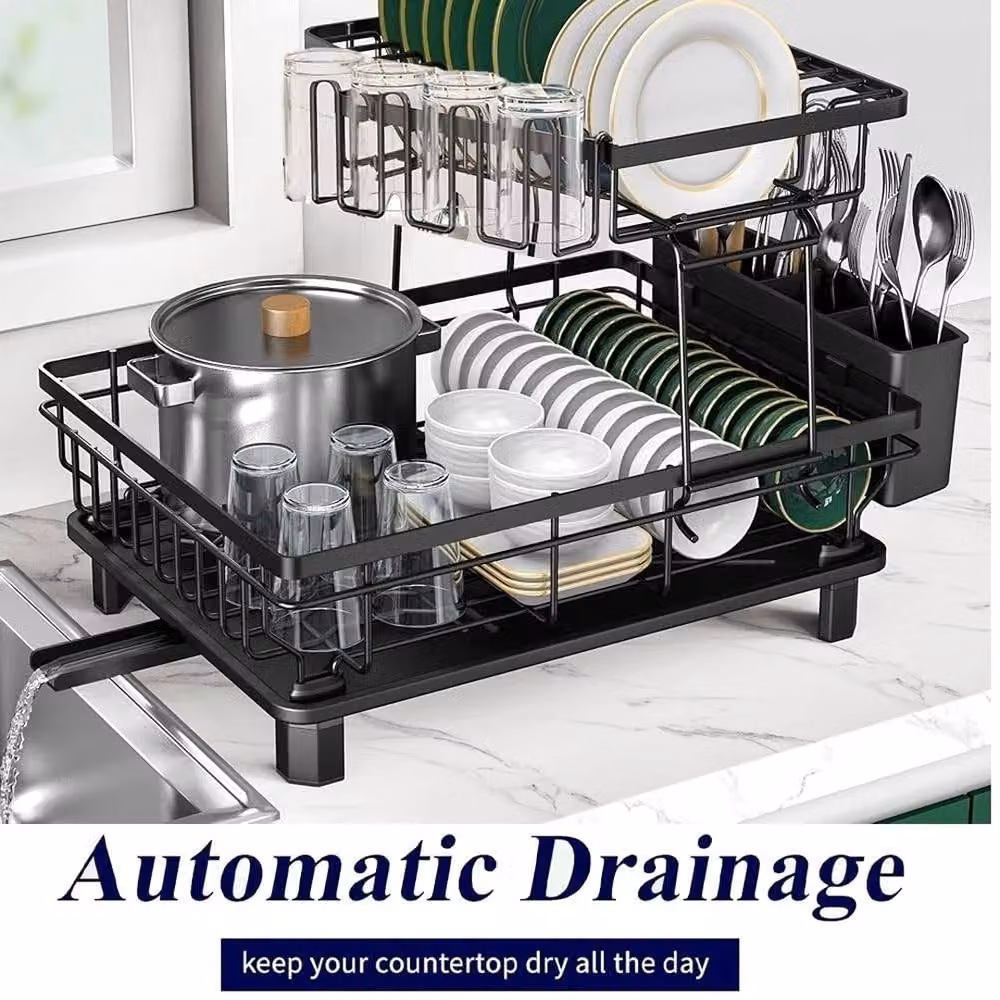 ATEK 2 Tier Black Stainless Steel Kitchen Dish Drainer Rack with Cutlery Holder and Drip Tray – 7