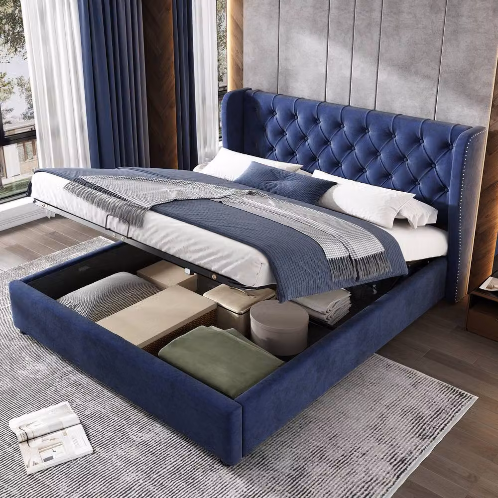 Merax Blue Velvet Upholstered Double Ottoman Storage Bed Frame, W: 135 cm x D: 190 cm – 4