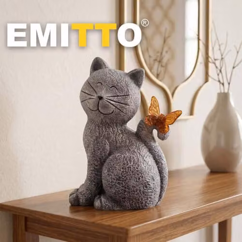 Emitto Solar LED Cat Garden Ornament in Grey and Orange Resin – 6