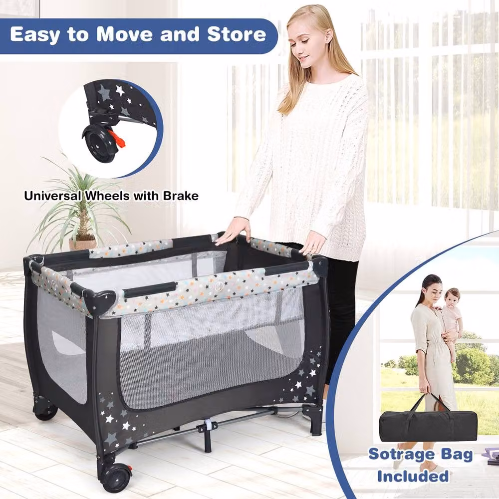 Costway 2-in-1 Foldable Baby Playpen and Bassinet Bed Activity Centre with Mattress in Grey and Multicolour – 8
