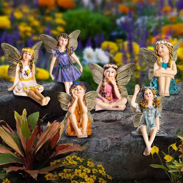 Globrite Set of 6 Multicolour Hand-Painted Polyresin Fairy Garden Ornaments with 10 cm Stakes