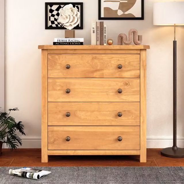 Cabinet Bits Lugo 4 Drawer Chest of Drawers in Rustic Brown Pine with Gold Knobs