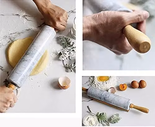 MantraRaj White Marble Rolling Pin with Wooden Cradle and Non-Stick Surface – 3