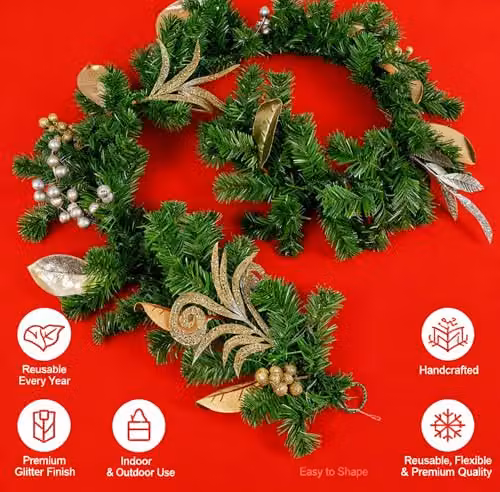 SHATCHI 200cm Christmas Garland with Silver and Gold Berries, Eucalyptus Leaves and Pine Needles – 8