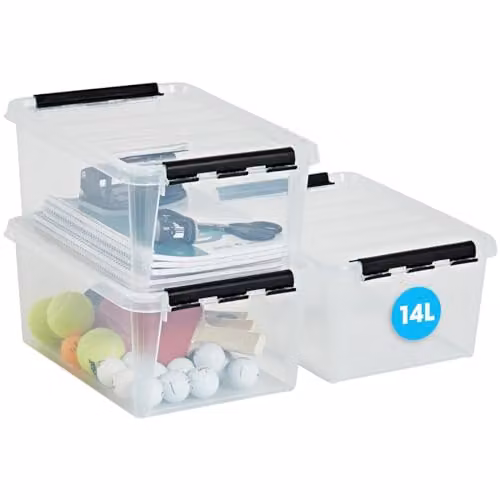 SmartStore 3 Pack of 14L Reinforced Large Clear Food Storage Boxes with Clip Lids, Stackable and BPA Free Plastic, W: 30 cm, D: 30 cm, H: 18 cm