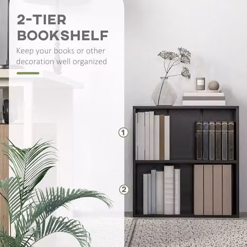 HOMCOM 2 Tier Modern Black Bookshelf with Adjustable Shelves and Back Panel, H 63.0 x W 24.0 x D 24.0 cm – 5