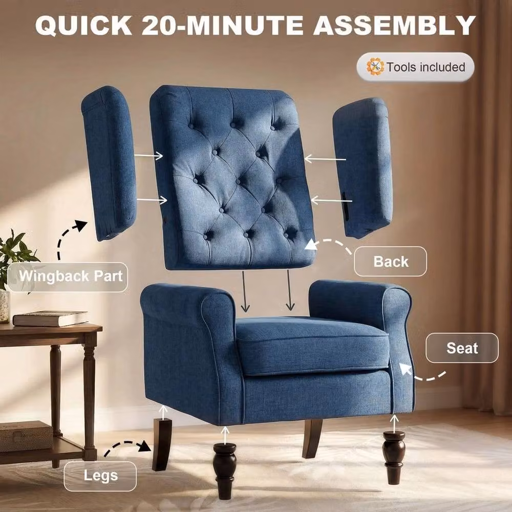 FORGEVIO Retro Tufted Blue Fabric Accent Armchair with Solid Wood Frame – 4