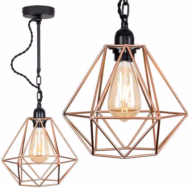 ValueLights Industrial Wall and Ceiling Light Fitting with Black Metal and Copper Cage Shade