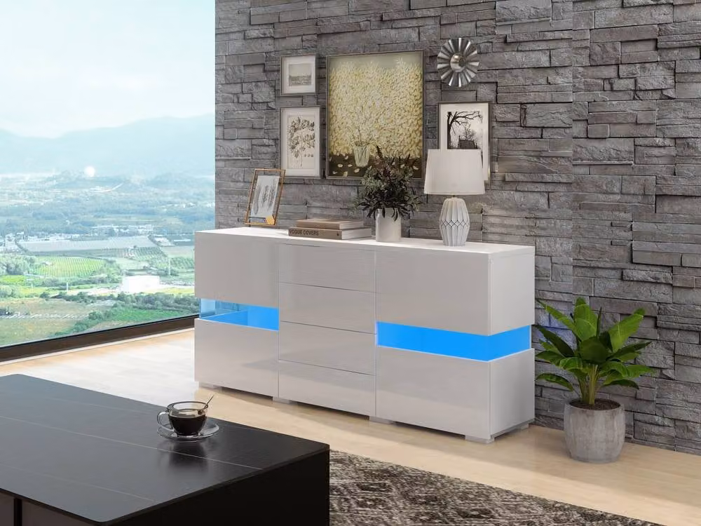ModernLuxe White Glossy Wood Sideboard Cabinet with Integrated LED Lights, Drawers and Doors, W/D/H: 140 x 35 x 72 cm – 2
