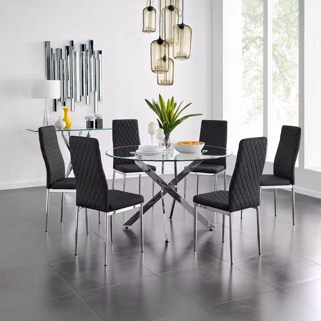 FurnitureboxUK Novara Chrome Metal and Glass Round Dining Table with 6 Milan Chairs in Black, Diameter: 120 cm