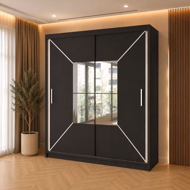Sliding Wardrobes 4U Double Center Mirror Sliding Door Wardrobe in Black, W/H: 203 x 217 cm – 1
