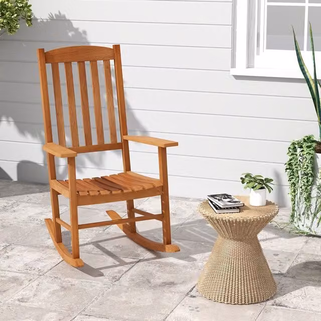 COSTWAY Garden Relax Rocking Armchair with High Backrest in Beige and Brown Wood