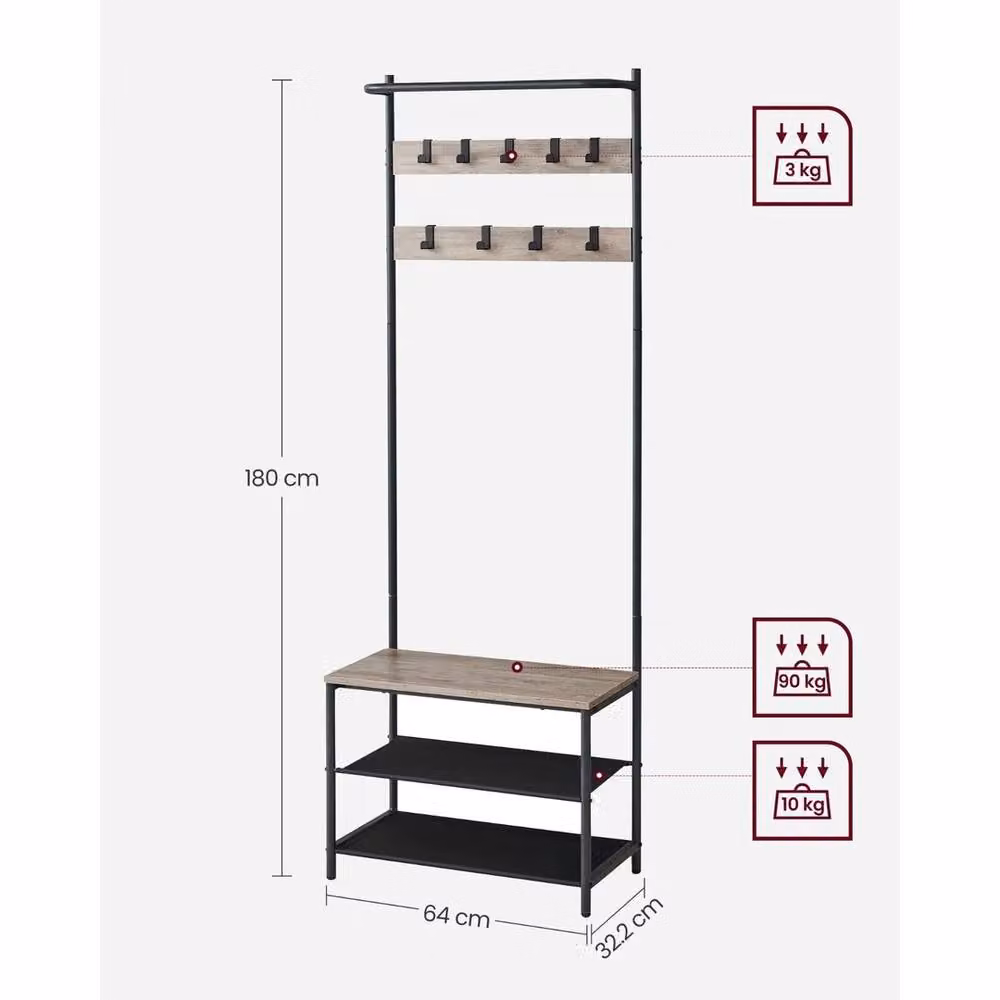 Kelvenix Hall Tree with Bench and Shoe Storage in Black and Beige, H 180 x W 90 x D 32.2 cm – 2