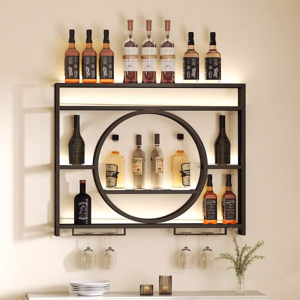 FORGEVIO S-Industrial Wall Mounted Wine Rack Cabinet with Glass Holder in Matt Black Metal – 4