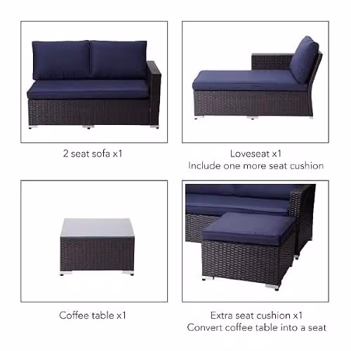 Teamson Home 3 Piece L-Shape Rattan Garden Furniture Set in Blue and Brown, including Outdoor 2 Seater Sofa, Ottoman and Coffee Table – 5