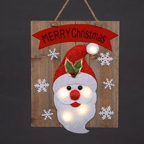 Shatchi Battery Operated Red Wooden Santa Snowflakes Wall Hanging LED Light-Up Christmas Decoration W: 30 cm, H: 36 cm