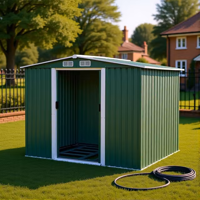 Breeins Metal Gable Garden Shed in Dark Green, W: 304.8 cm, D: 243.84 cm, H: 243.84 cm