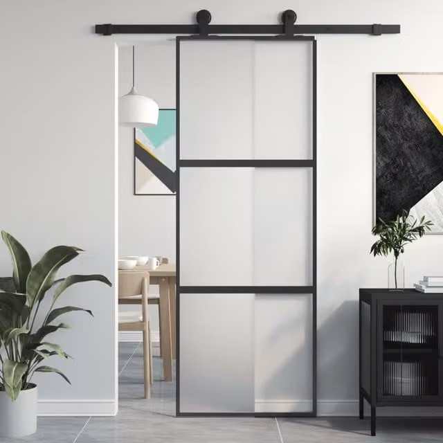 Berkfield Home Modern Sliding Door in Black with Tempered Glass and Aluminium, W: 76 cm, H: 205 cm