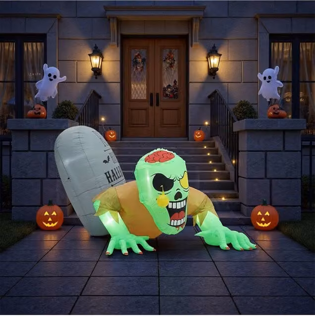 H&O Direct Light-Up Inflatable Zombie Tombstone Multicolour Outdoor Halloween Prop, Height: 150 cm